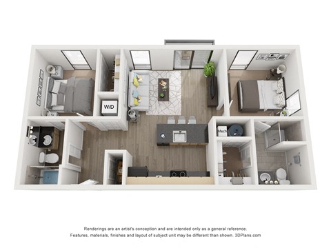 a stylized floor plan with a bedroom and a living room